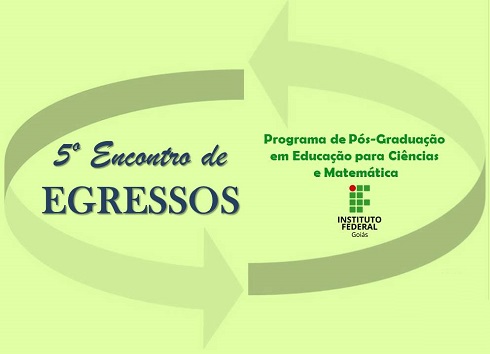 Imagem de divulgação do quinto encontro de egressos do mestrado. Fundo amarelado e duas setas em círculo que se encontram, dando a ideia de retorno, ideia circular.