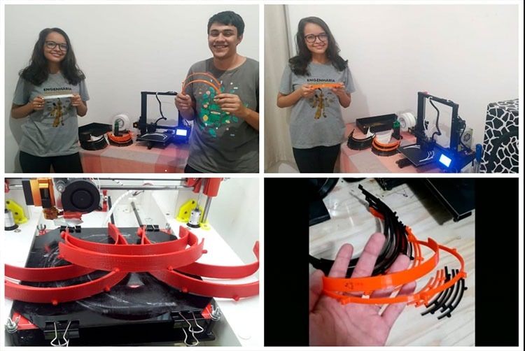 Estudantes do Câmpus Goiânia, Múria Viana e Joiro Gomes Neto, participam como voluntários na campanha para produção de protetores faciais com uso de impressoras 3D. Nas fotos, alguns dos suportes fabricados pelos alunos Múria, Joiro e Lucas Schmidt para a iniciativa ( fotos: acervo pessoal).