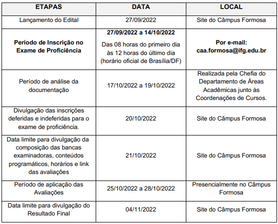 Cronograma do Exame de Proficiência 2022/2