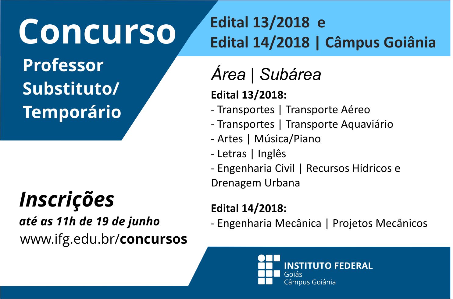 Concurso para professor substituto/temporário do IFG - Câmpus Goiânia.