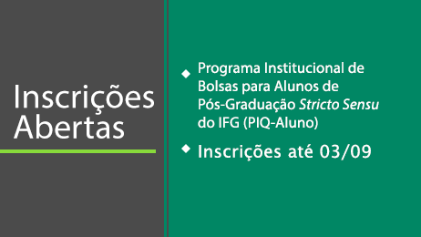 São ofertadas seis bolsas de R$ 1.350, distribuídas igualmente entre os programas de mestrado do IFG, a serem pagas a partir de outubro